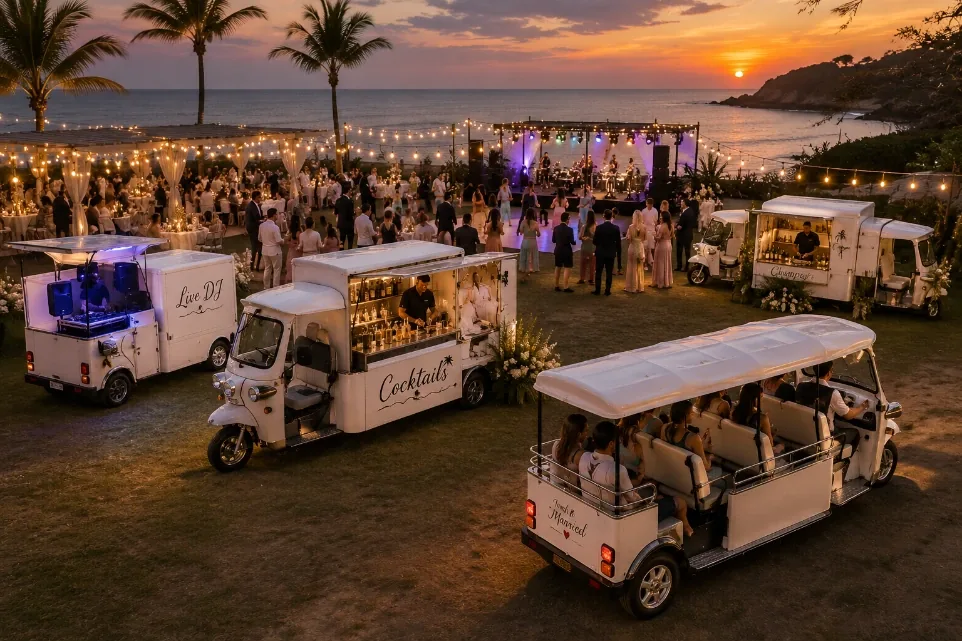 Passenger and mobile business eTuks at a waterfront event — concept visualization