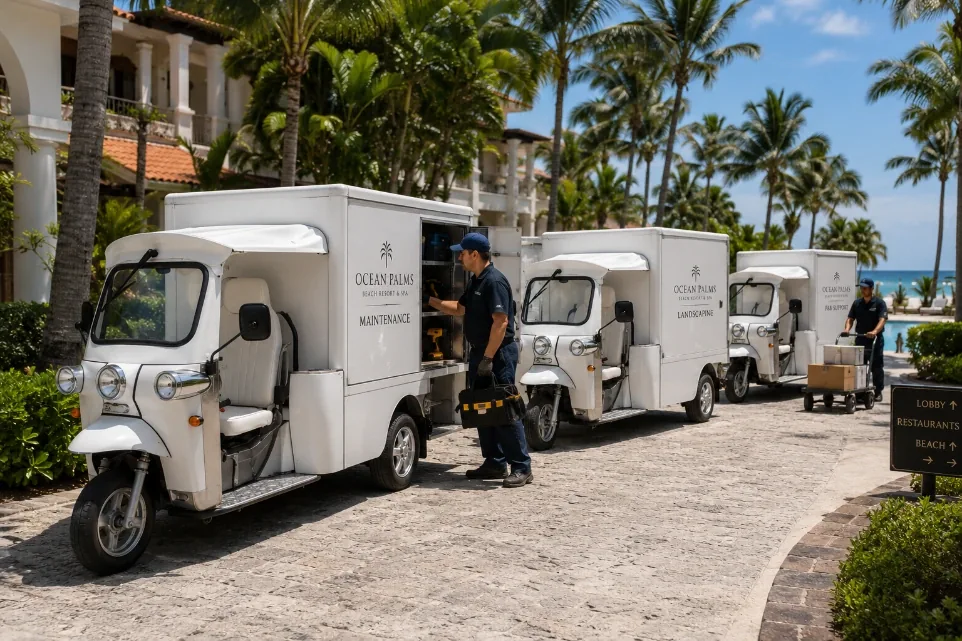 Vendo and cargo eTuk supporting a defined resort beverage or service workflow