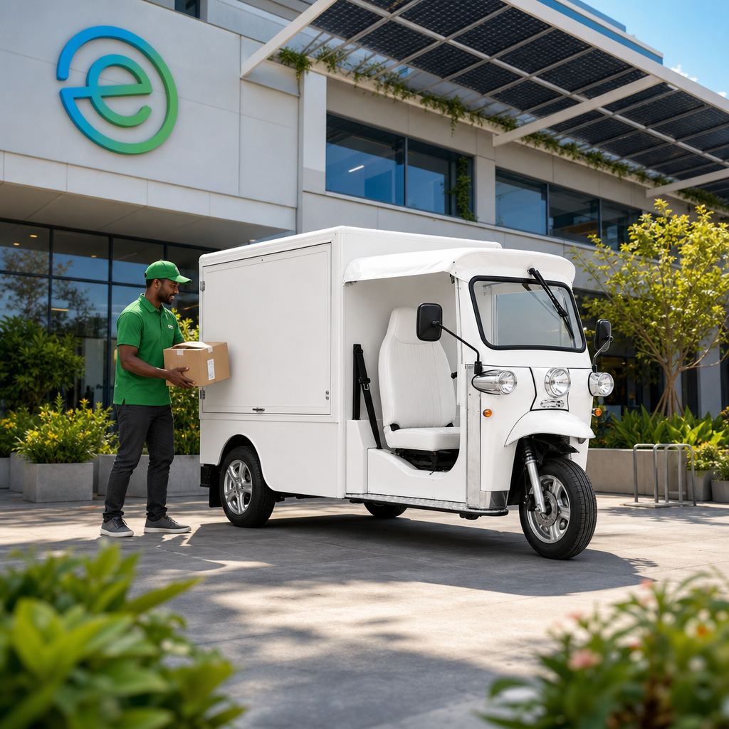 eTuk Cargo electric commercial vehicle at its operating base