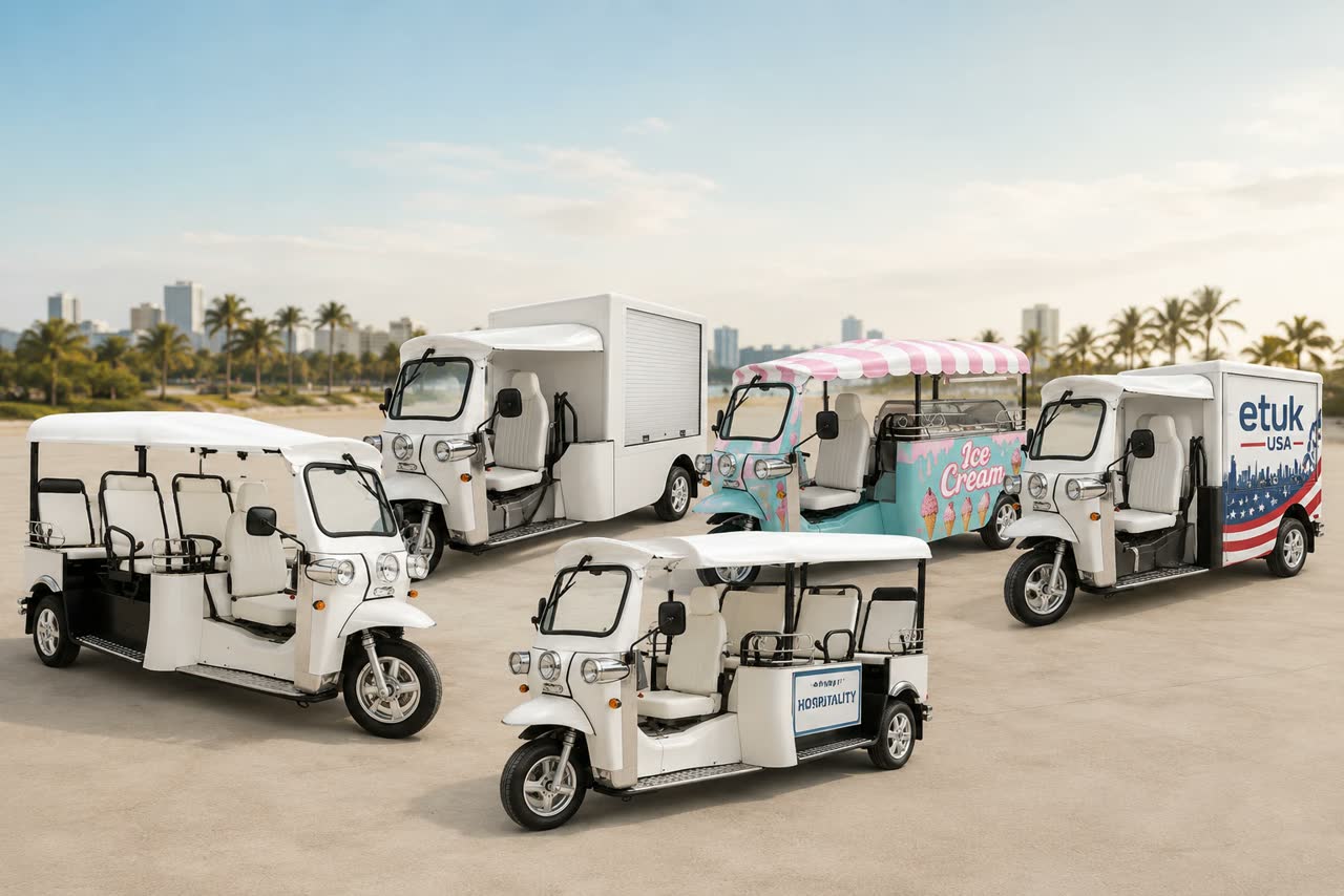 Passenger, cargo and mobile vending electric eTuks supported by eTuk USA
