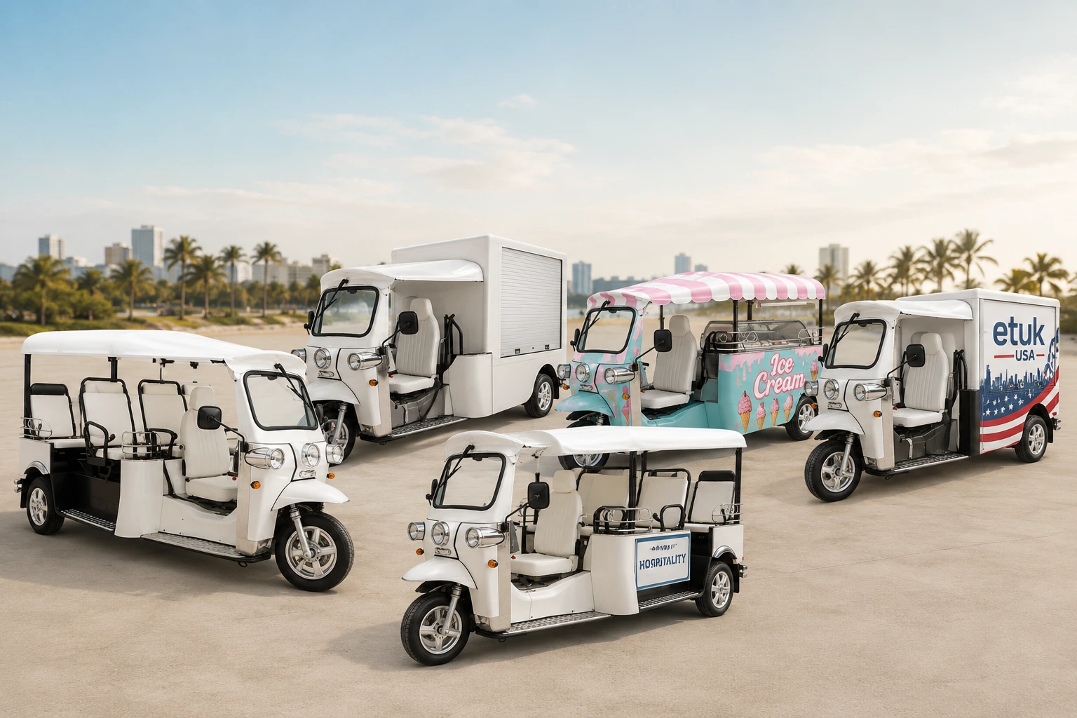 Electric eTuk commercial mobility platform supported by eTuk USA