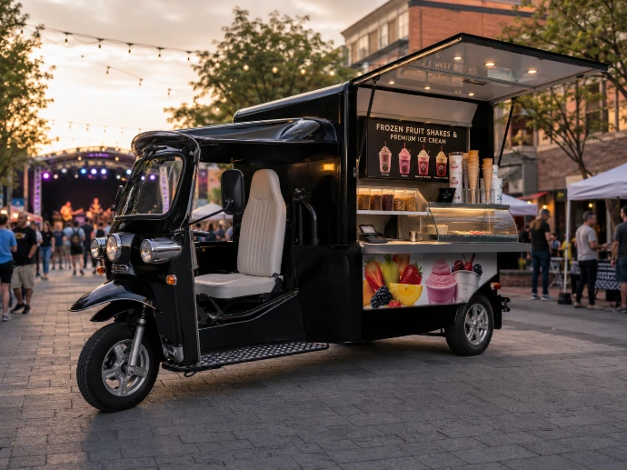 Black premium eTuk Vendo frozen dessert vehicle serving at an evening festival