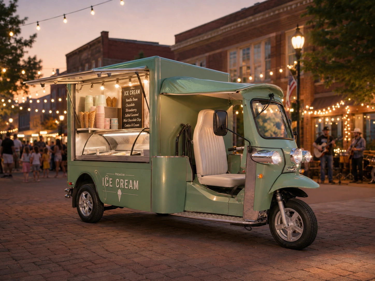 Forest green eTuk Vendo mobile ice cream vehicle serving customers at an evening downtown event