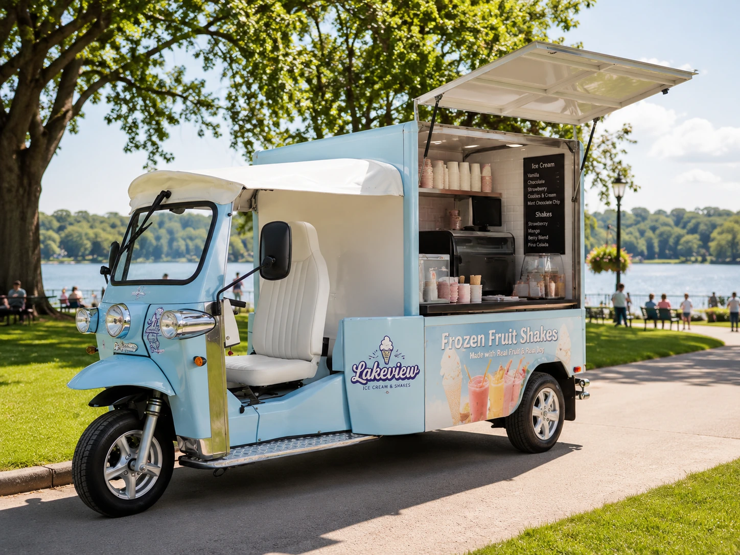 Light blue eTuk Vendo frozen fruit shake and ice cream vehicle at a lakeside park