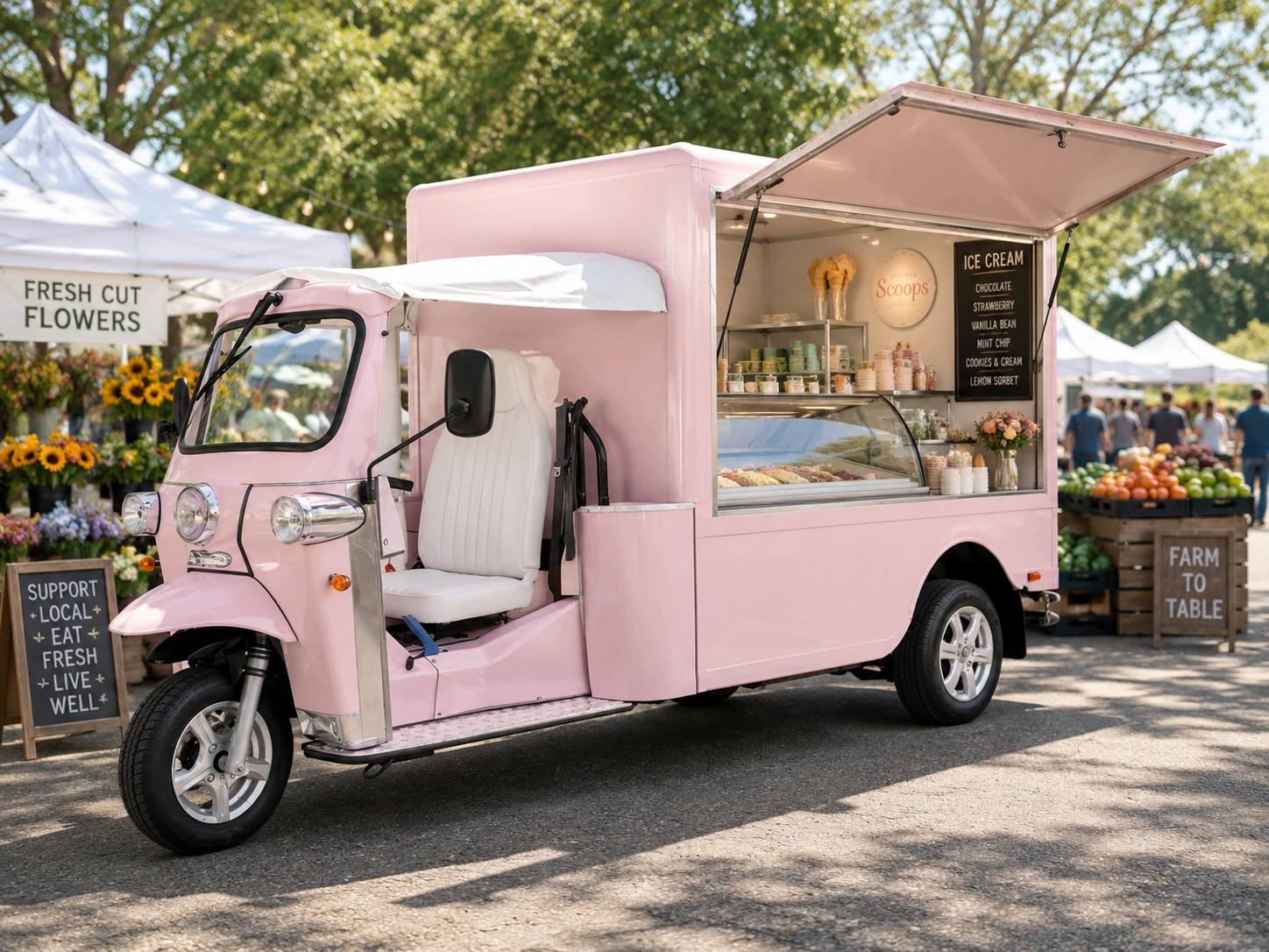 Pink eTuk Vendo configured as a mobile ice cream business