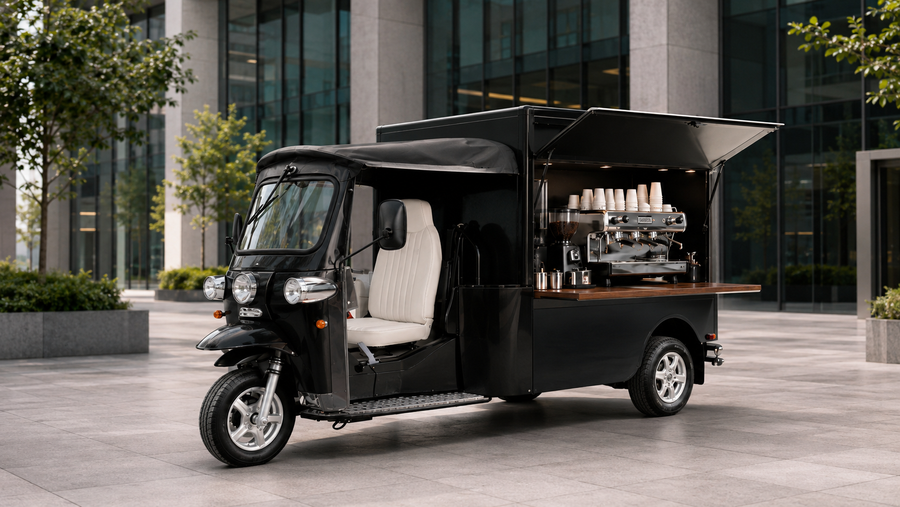 Black eTuk Vendo mobile espresso bar configured for a business park