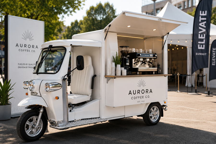 White branded eTuk Vendo coffee vehicle at a corporate activation event