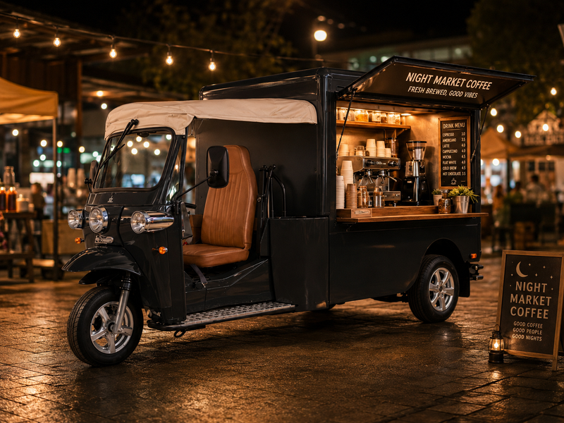 Black eTuk Vendo mobile coffee vehicle operating at an illuminated night market