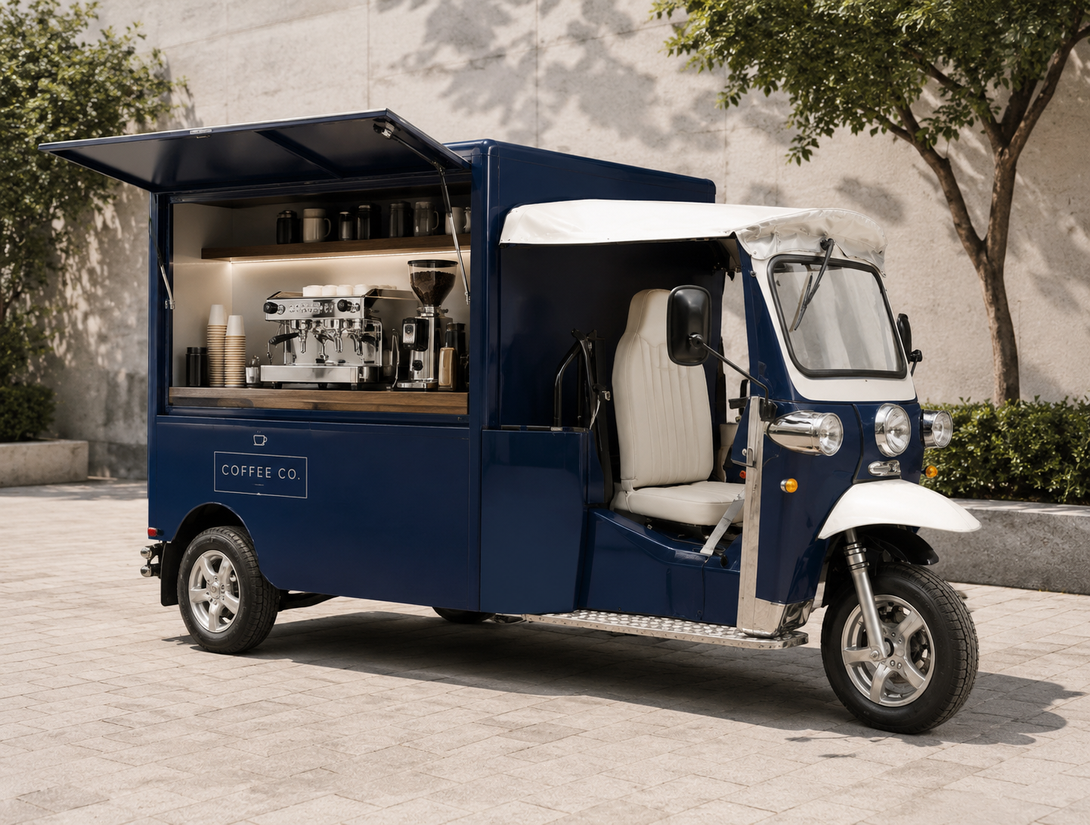 Blue and white eTuk Vendo coffee vehicle illustrating a clean branded mobile café presentation
