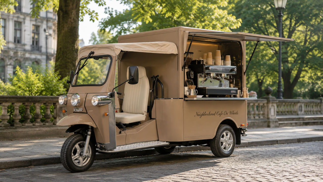 Tan eTuk Vendo mobile coffee vehicle serving a neighborhood park location