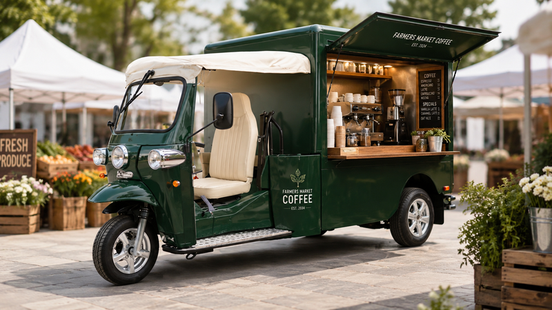 Green eTuk Vendo mobile coffee vehicle at a farmers market