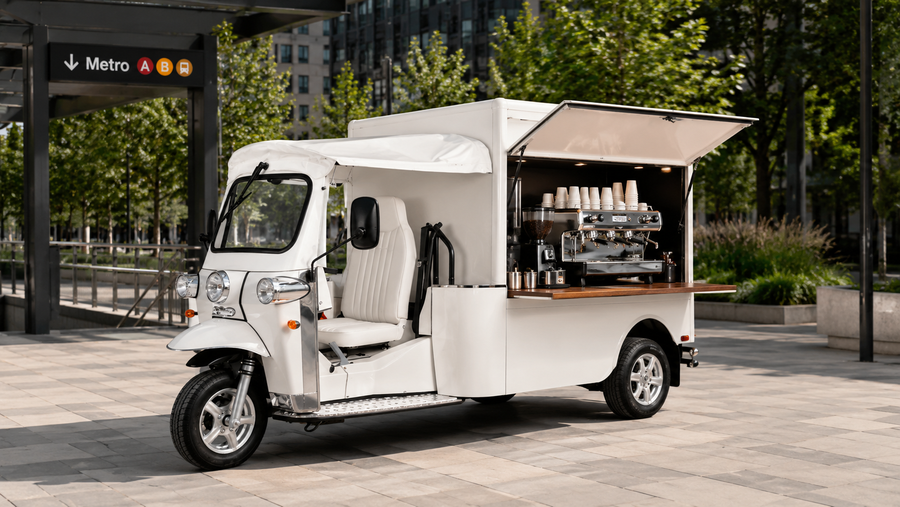 White eTuk Vendo mobile coffee vehicle positioned in a city business district