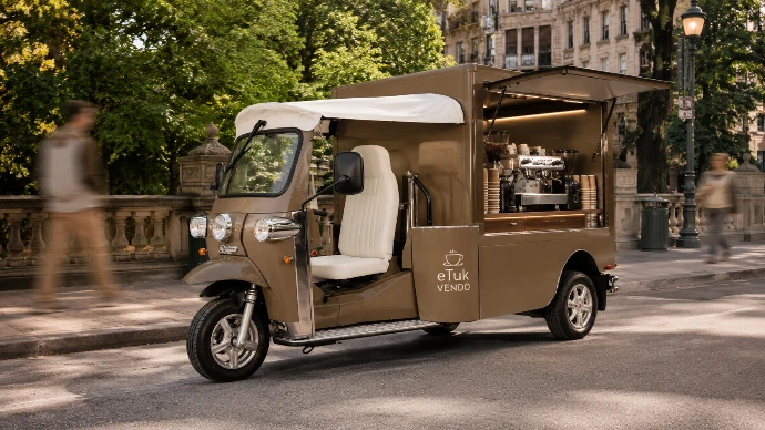 Coffee-equipped eTuk Vendo mobile coffee business